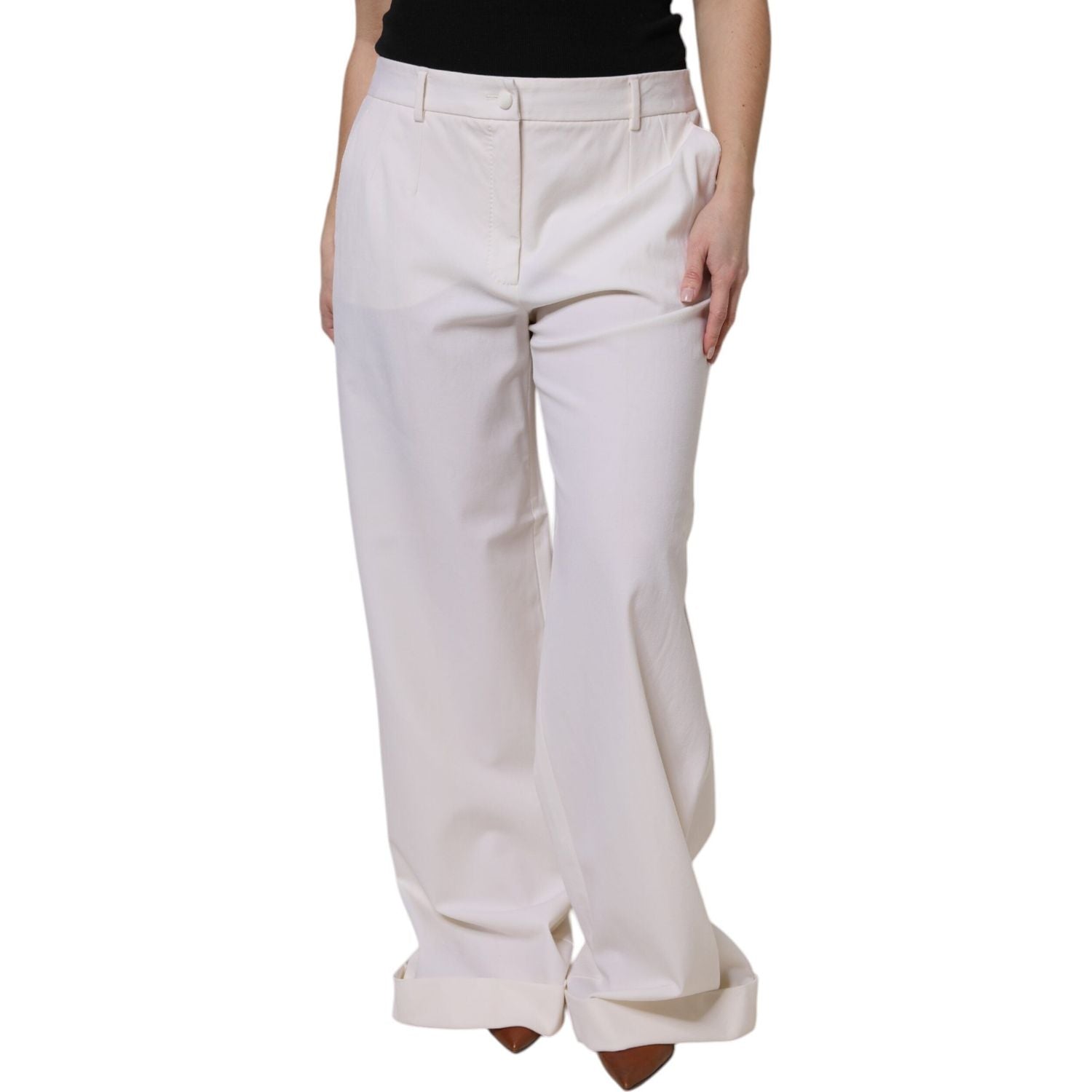 Dolce & Gabbana White Wool Mid Waist Wide Leg Pants