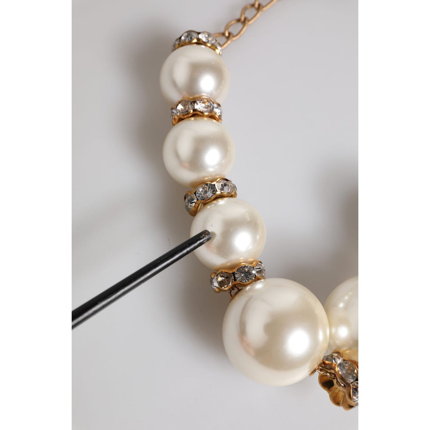 Dolce & Gabbana White Maxi Faux Pearl Beads Crystals Gold Chain Necklace