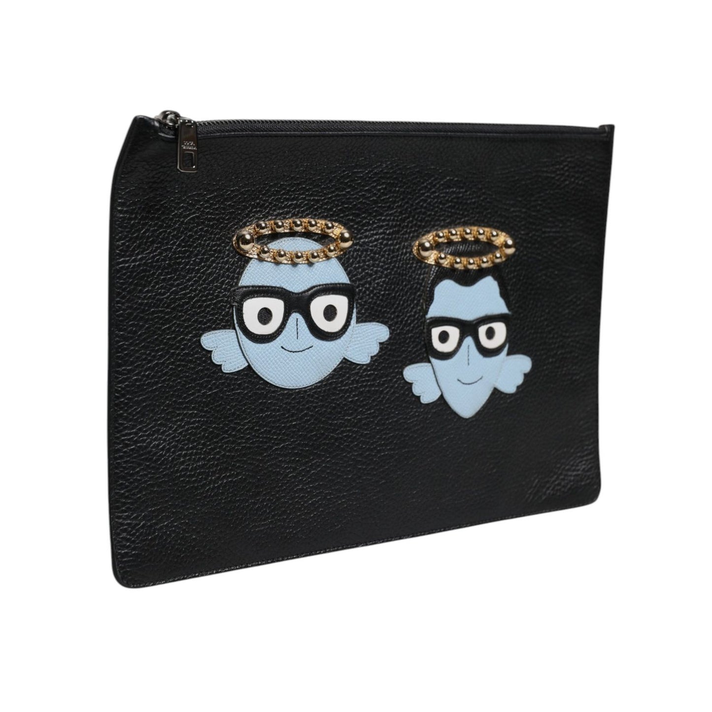 Dolce & Gabbana Black Leather #DGFAMILY Embellished Men Zip Pouch Bag