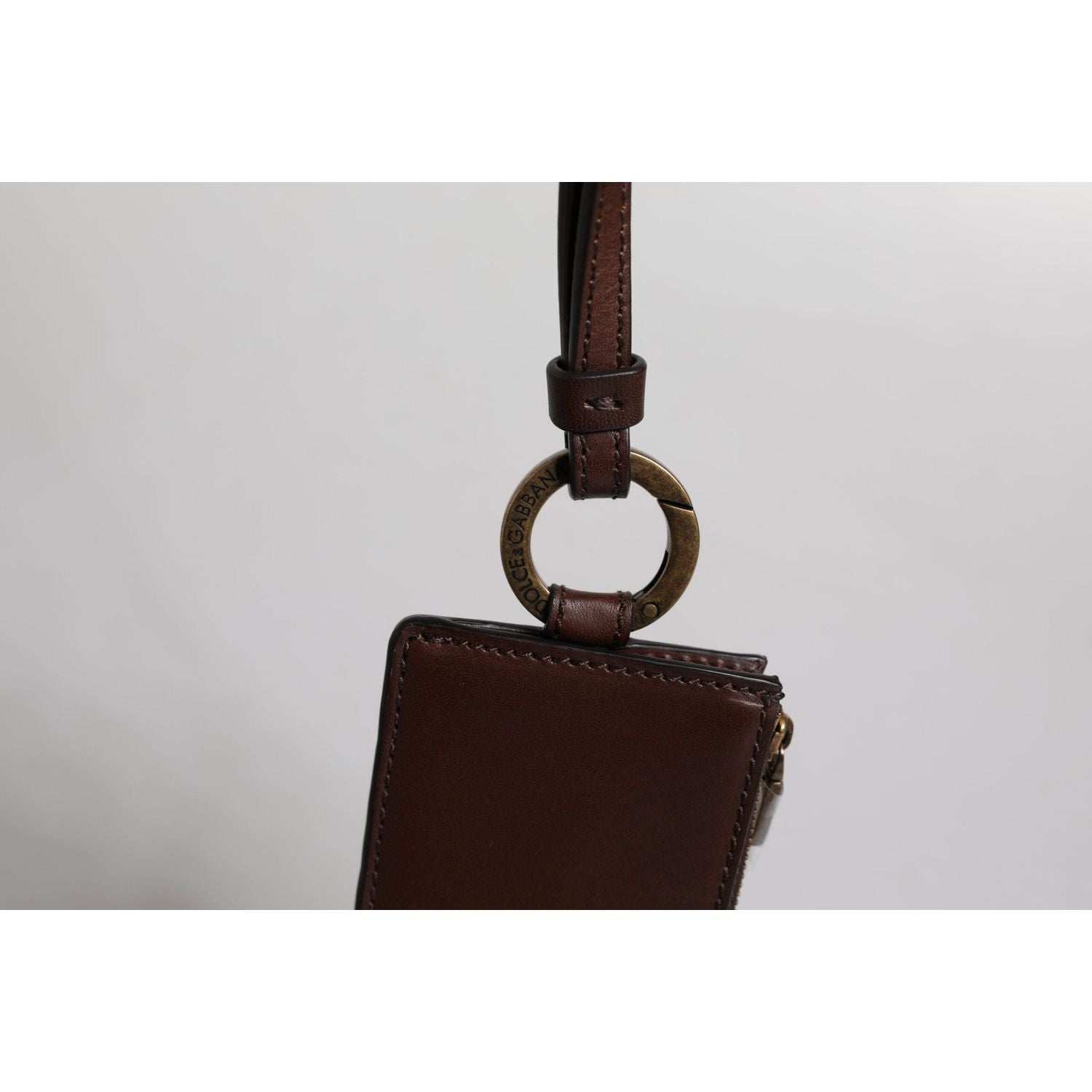 Dolce & Gabbana Brown Calf Leather Lanyard Logo Card Holder Wallet