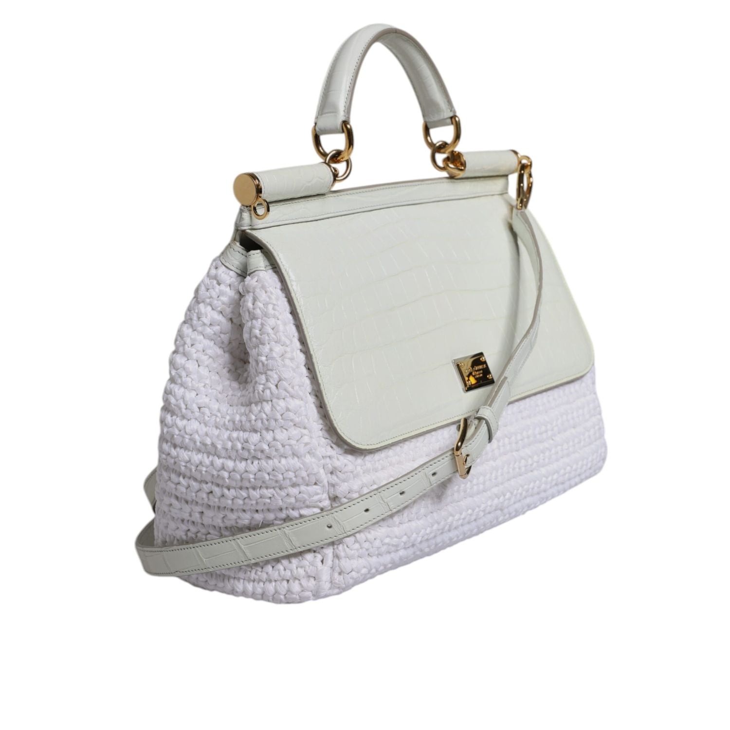 Dolce & Gabbana White Rafia Leather Top Handle Crossbody Bag