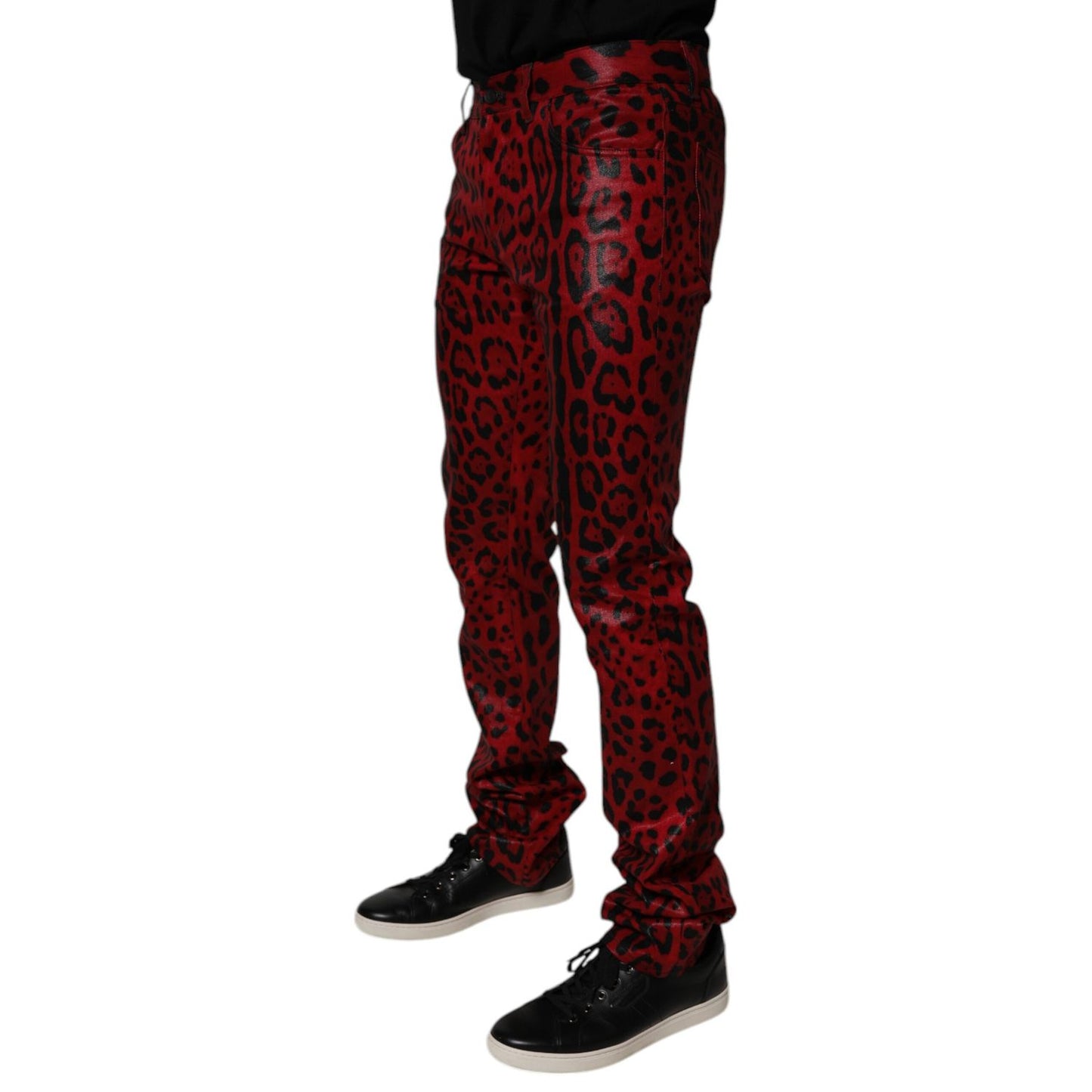 Dolce & Gabbana Red Leopard Cotton Slim Fit Denim Jeans