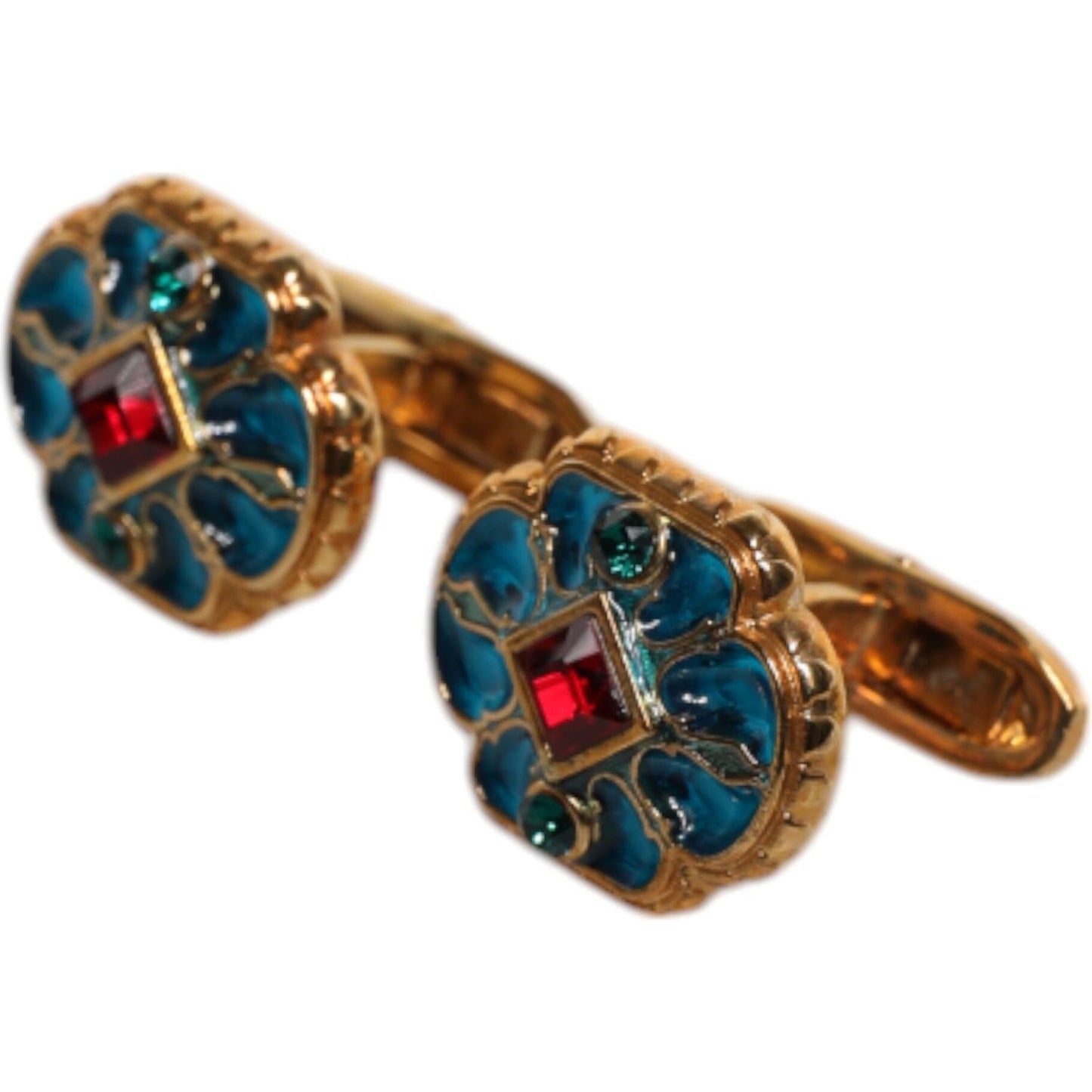 Dolce & Gabbana Gold Brass Blue Enameled Flower Cufflink SMY10681