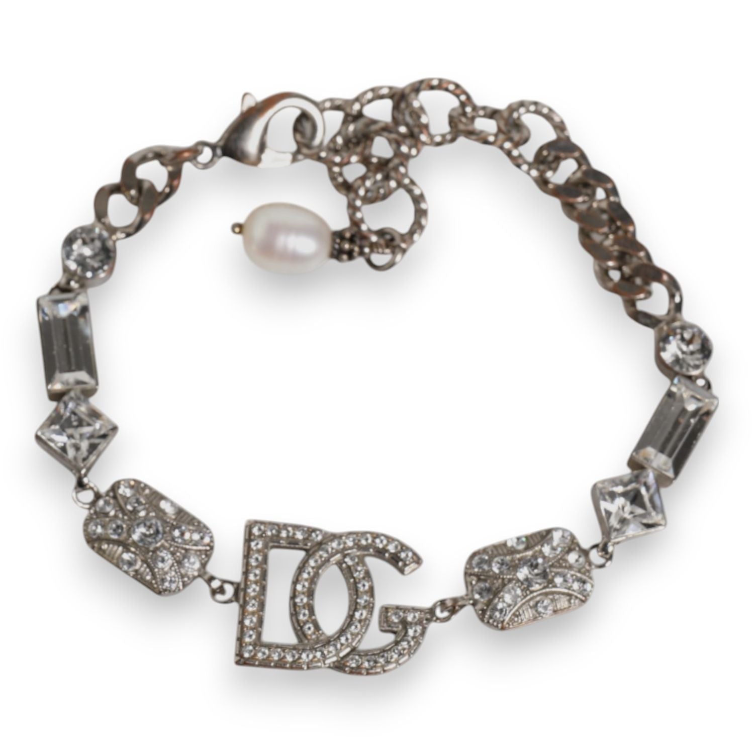 Dolce & Gabbana Silver Brass Crystal DG Logo Charm Embellished Bracelet