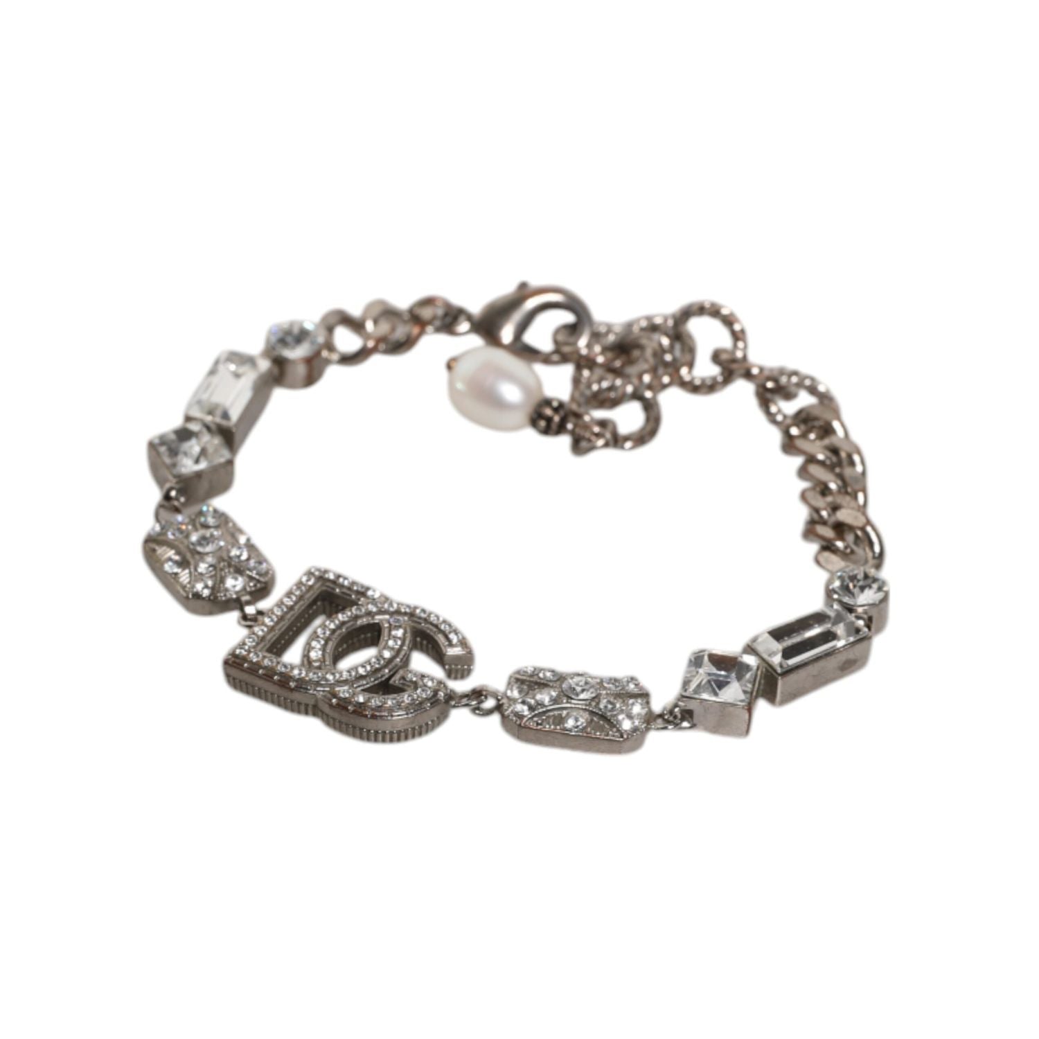 Dolce & Gabbana Silver Brass Crystal DG Logo Charm Embellished Bracelet