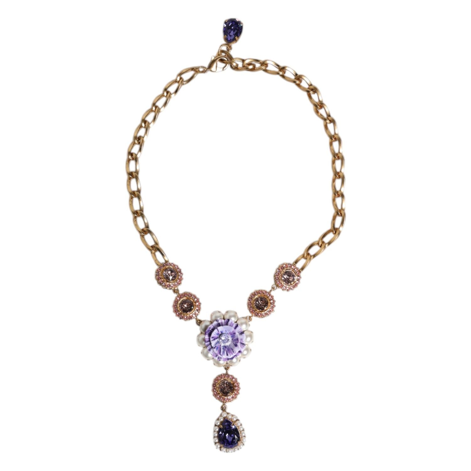 Dolce & Gabbana Gold Brass Floral Crystals Pearl Embellished Necklace