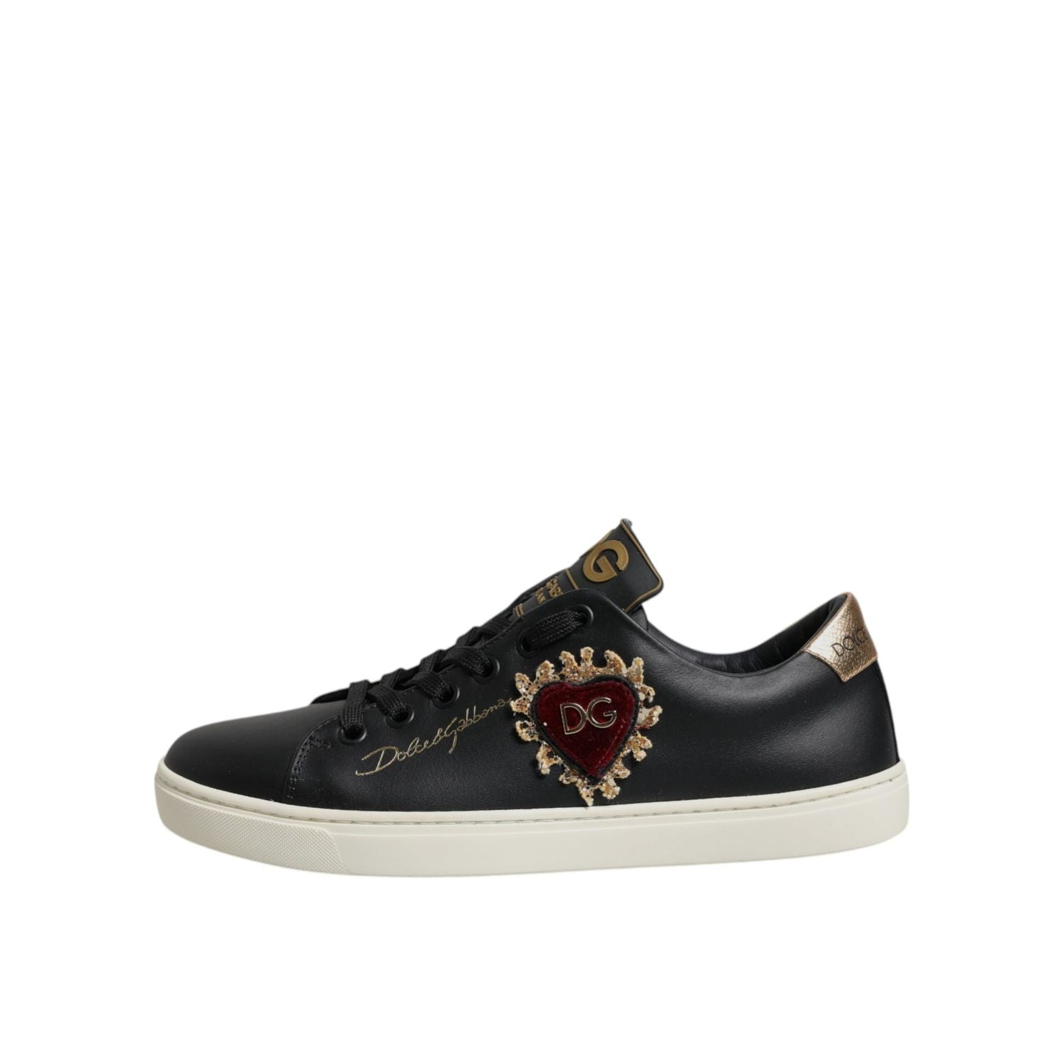 Dolce & Gabbana Black Leather Gold Red Heart Sneakers Shoes