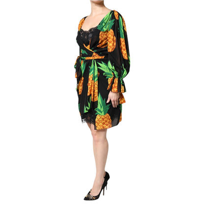Dolce & Gabbana Black Silk Pineapple Draped Print Wrap Dress
