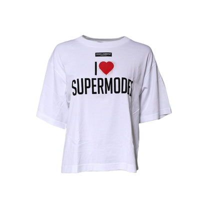 Dolce & Gabbana White Printed Round Neck Top Cotton T-shirt