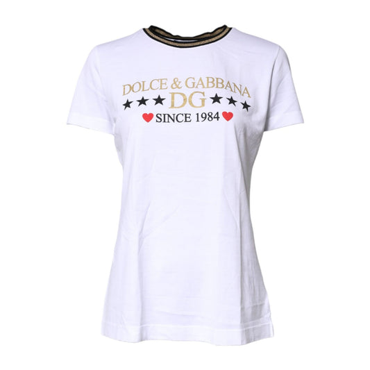 Dolce & Gabbana White Printed Round Neck Top Cotton T-shirt