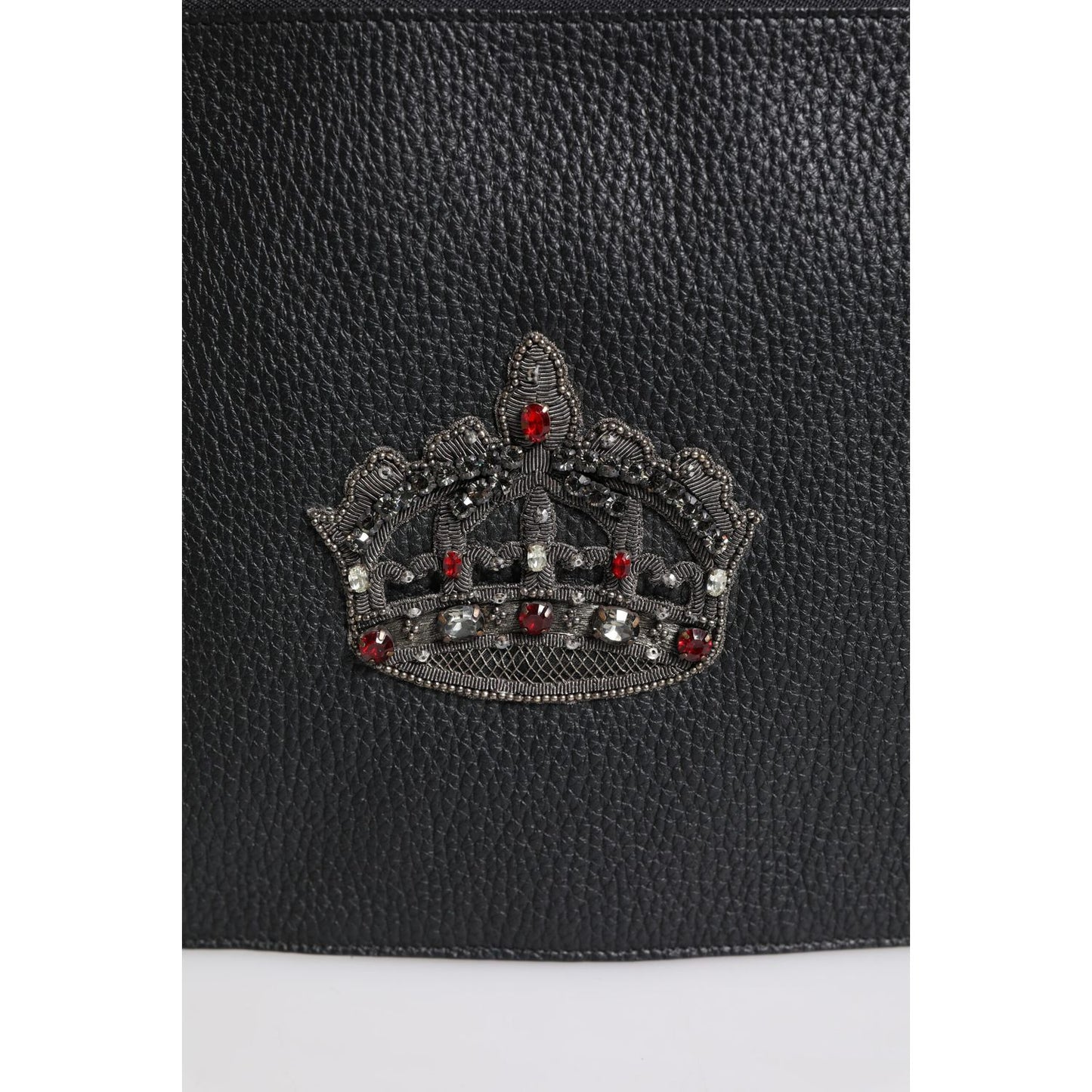Dolce & Gabbana Black Calfskin Crown Embellished Clutch Pouch Bag