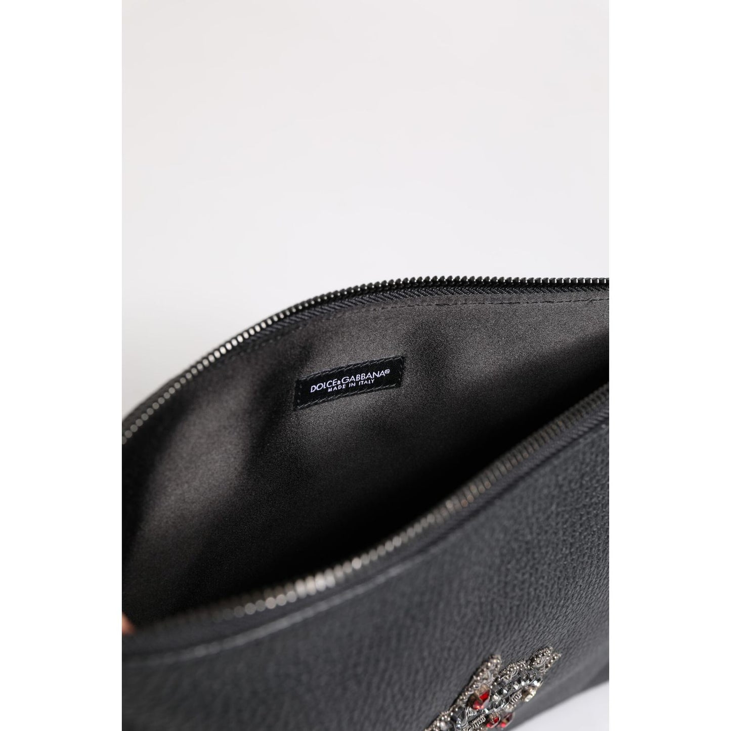 Dolce & Gabbana Black Calfskin Crown Embellished Clutch Pouch Bag