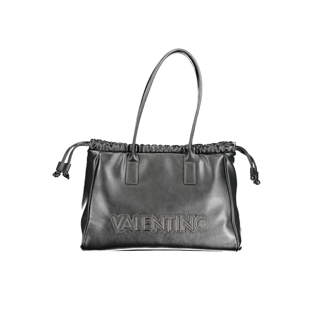 Mario Valentino Black Polyethylene Handbag with dual shoulder handles, internal pocket, phone holder spaces, and logo application.