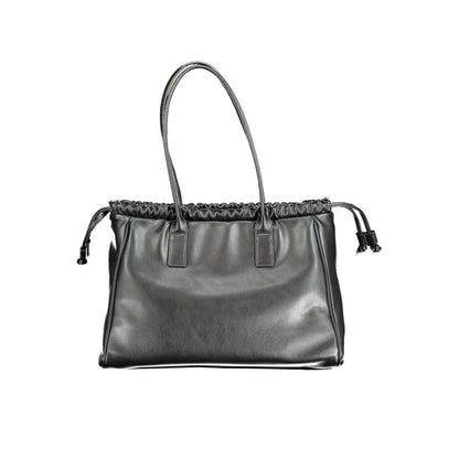 Mario Valentino Black Polyethylene Handbag with shoulder handles, internal pocket, phone holder, zip and drawstring closure, logo.