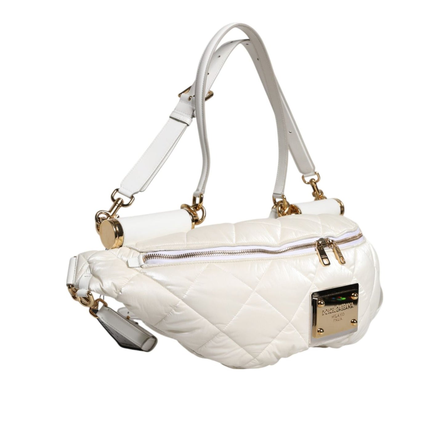 Dolce & Gabbana White Quilted Logo Plaque Belt Waist Fanny Pack Bag
