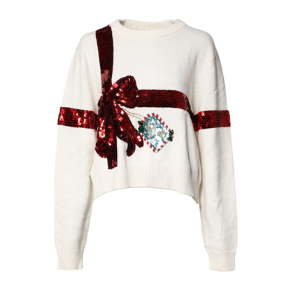 Dolce & Gabbana White Sequined Crew Neck Pullover Sweater