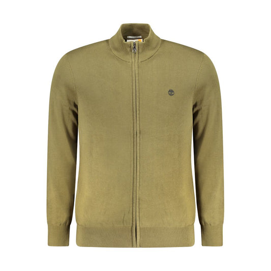 Timberland Green Cotton Men Sweater with logo and zip-up front, crafted from organic cotton for eco-conscious style and comfort.