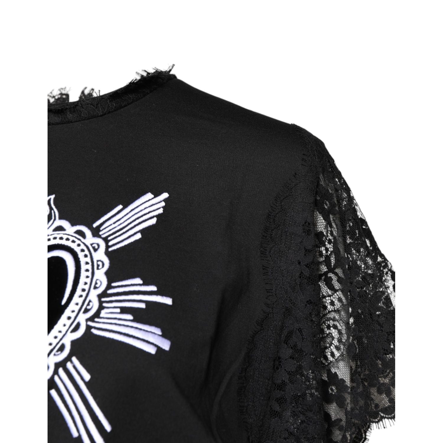 Dolce & Gabbana Black Lace Sheer Sacred Heart Crew Neck Top