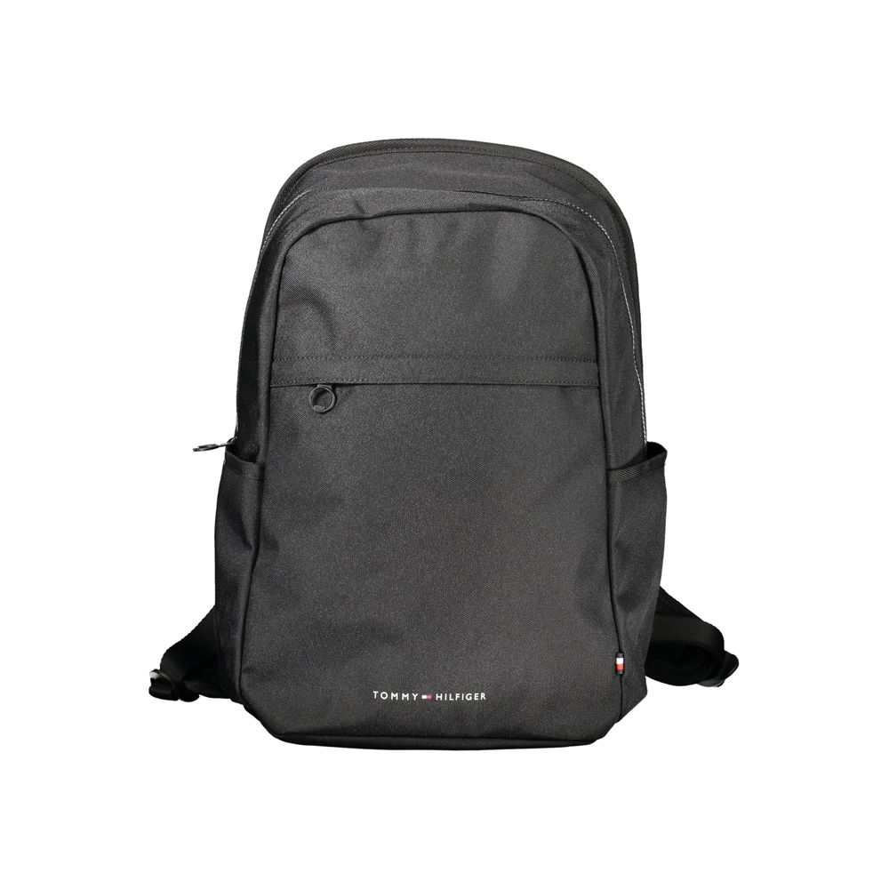 Tommy Hilfiger Black Polyester Backpack with adjustable straps, front pocket, and logo, ideal for laptops and documents.
