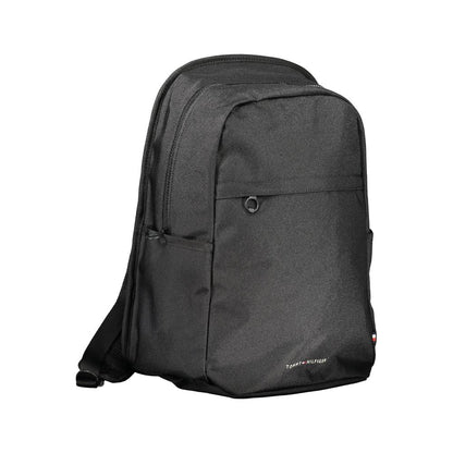 Tommy Hilfiger Black Polyester Backpack with adjustable straps, various pockets, and recycled material.