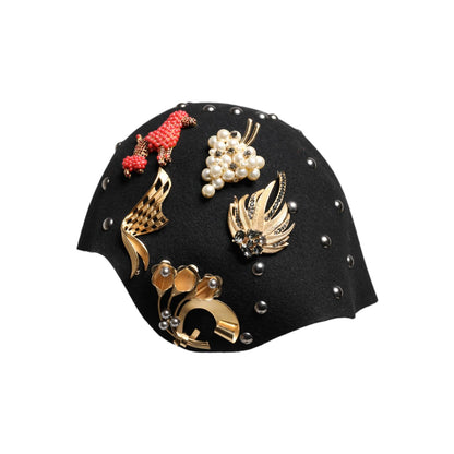 Dolce & Gabbana Black Wool Multicolor Embellished Cloche Hat