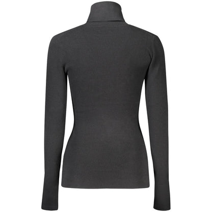 Back view of Calvin Klein Black Cotton Women Sweater with turtleneck, showcasing long sleeves and modern design.