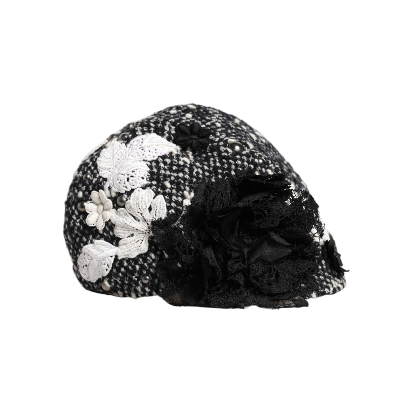 Dolce & Gabbana Black Wool White Floral Embellished Cloche Hat