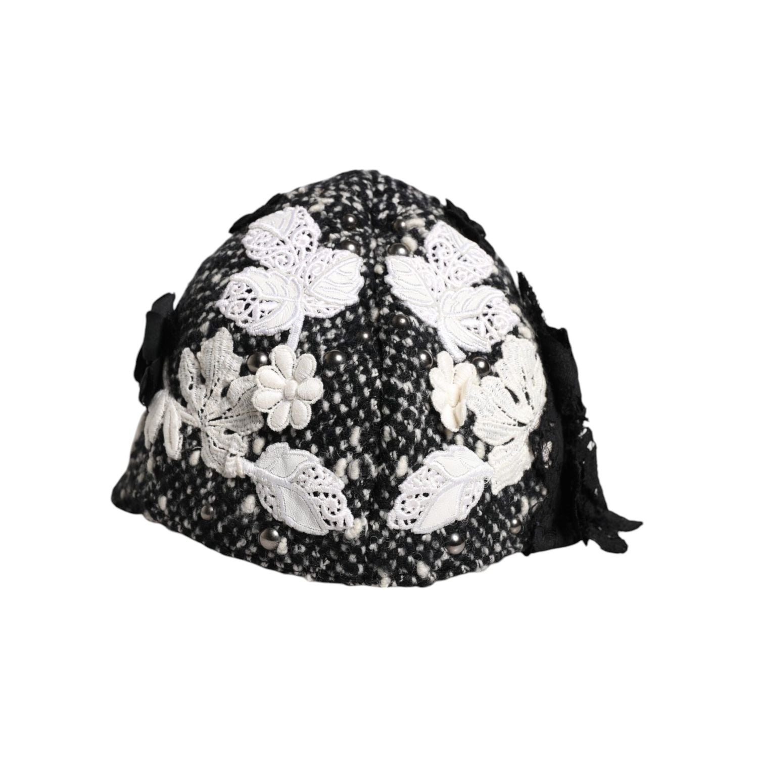 Dolce & Gabbana Black Wool White Floral Embellished Cloche Hat