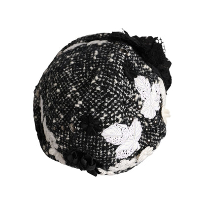 Dolce & Gabbana Black Wool White Floral Embellished Cloche Hat