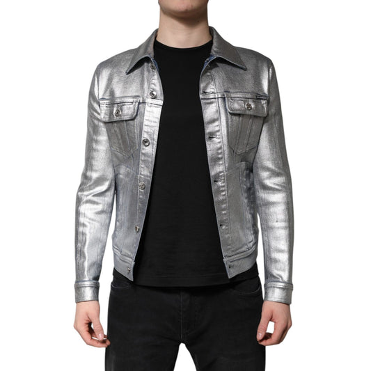 Dolce & Gabbana Silver Cotton Button Down Denim Biker Jacket
