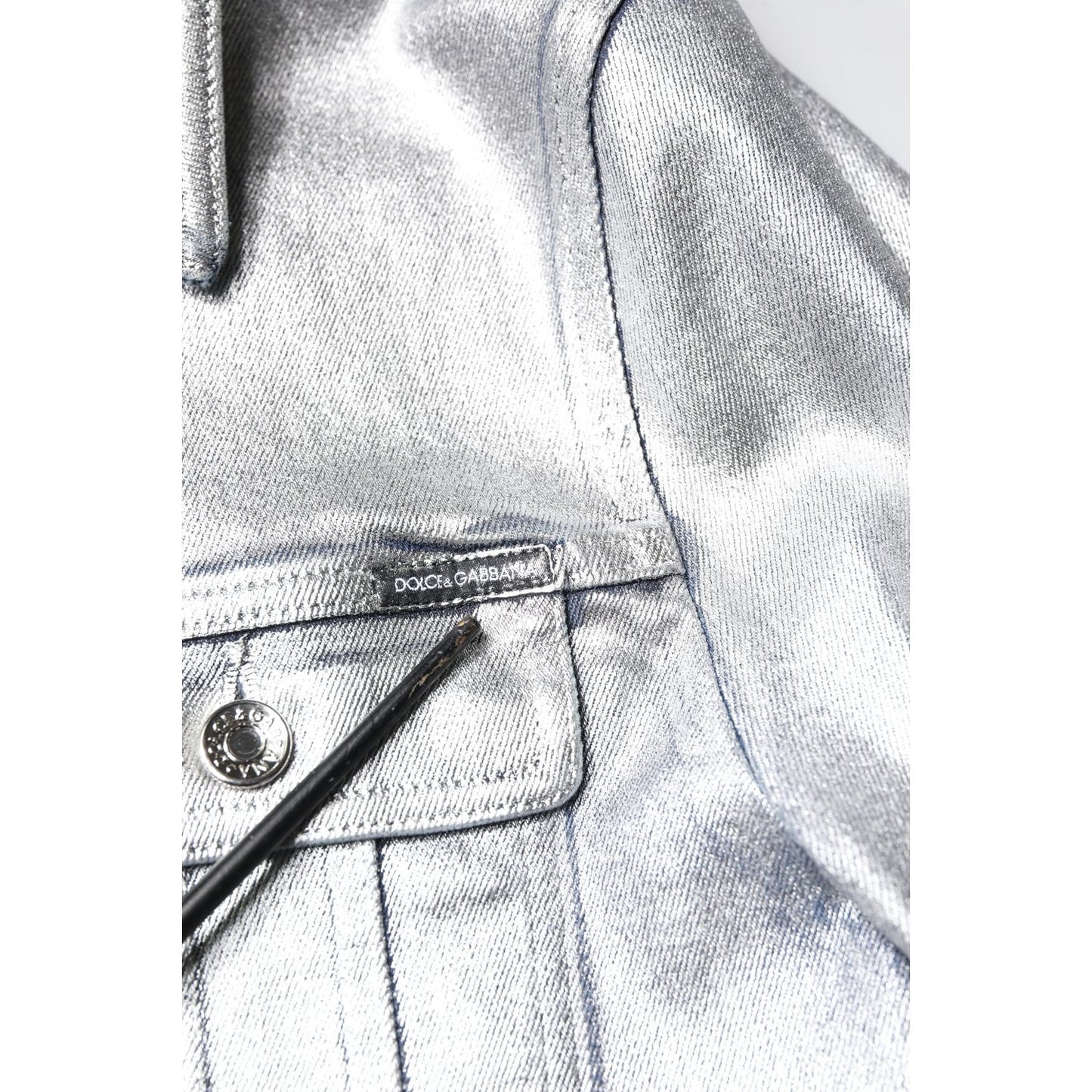 Dolce & Gabbana Silver Cotton Button Down Denim Biker Jacket