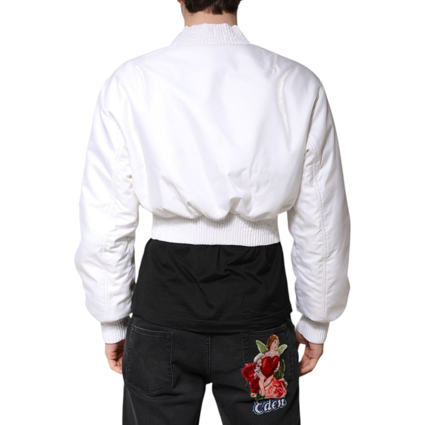 Dolce & Gabbana White Nylon Full Zip Cropped Bomber Jacket