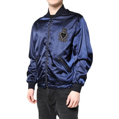 Dolce & Gabbana Blue Nylon DG Crown Full Zip Bomber Jacket