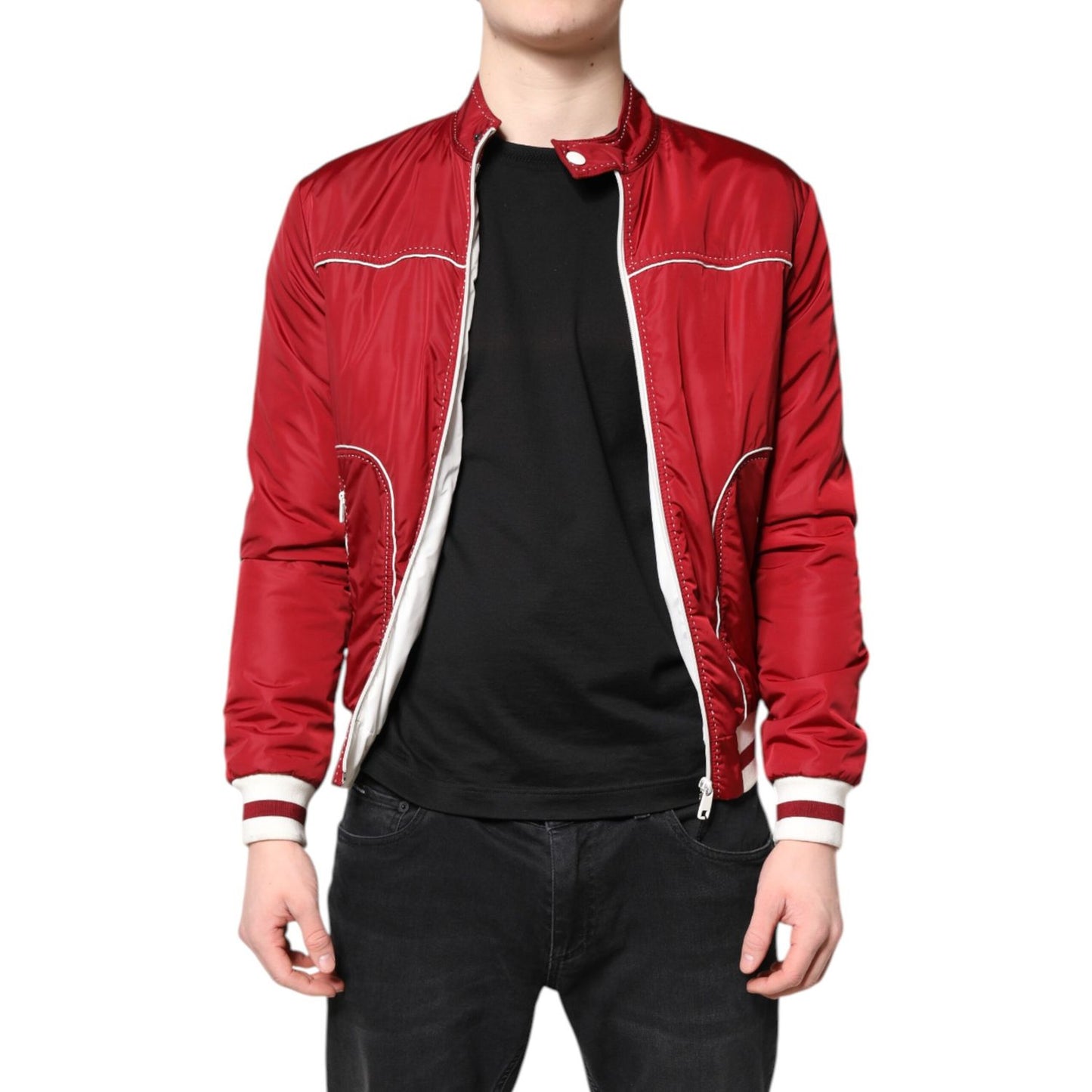 Dolce & Gabbana Red White Nylon Full Zip Men Bomber Jacket