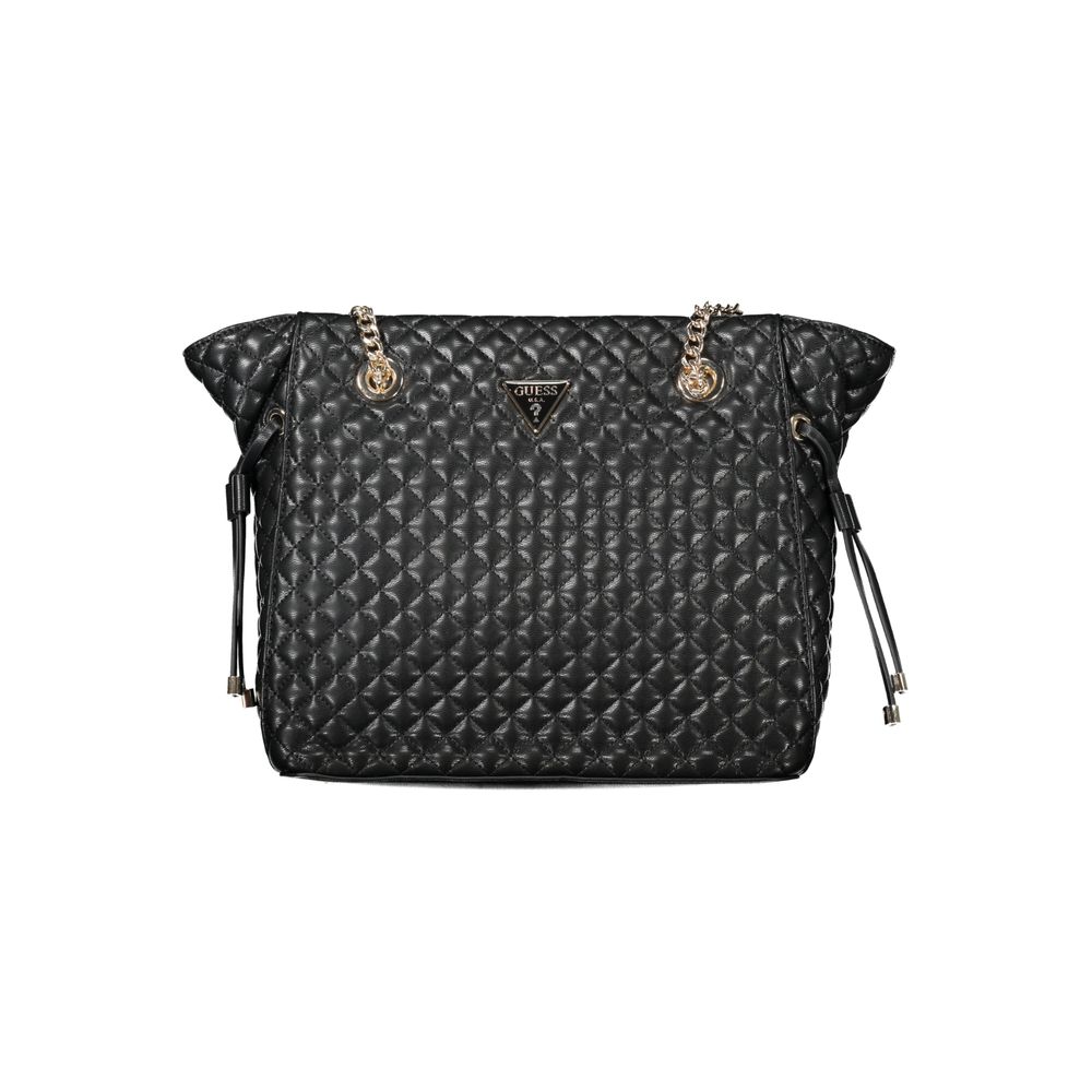 Guess Jeans Black Polyethylene Women Handbag with dual chain shoulder handles and quilted design, perfect for urban style.