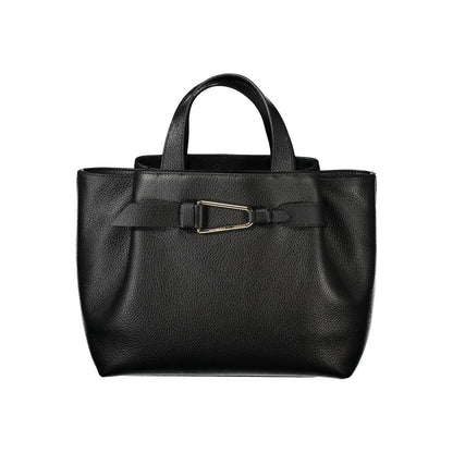 Coccinelle Black Leather Women Handbag with structured silhouette and gold buckle detail.