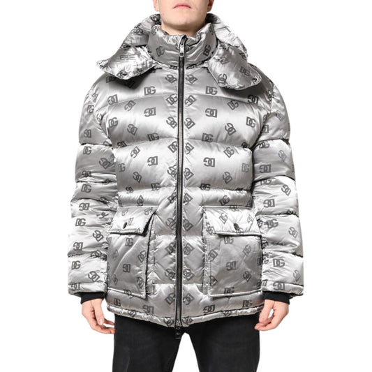 Dolce & Gabbana Silver Logo Full Zip Hooded Quilted Jacket