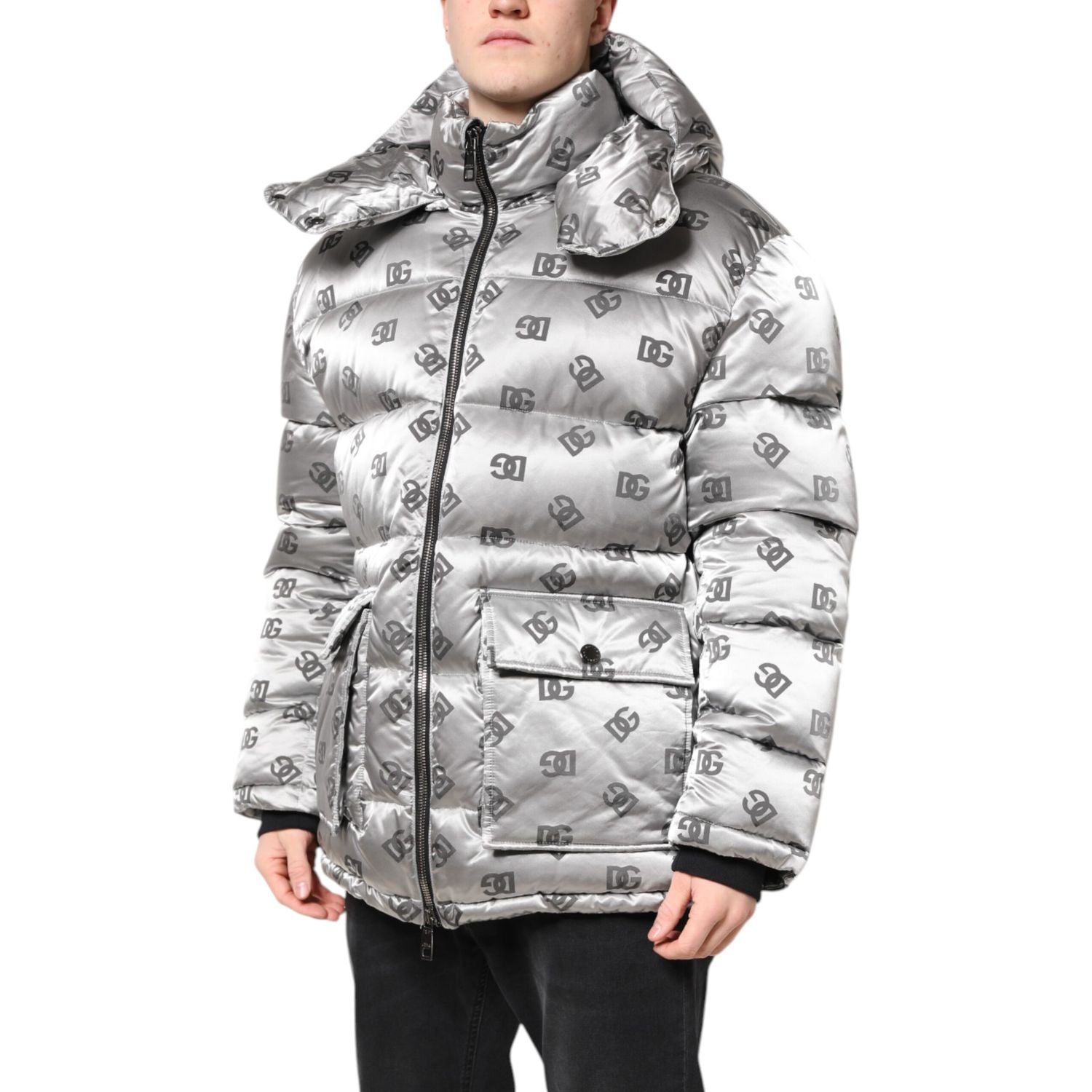 Dolce & Gabbana Silver Logo Full Zip Hooded Quilted Jacket