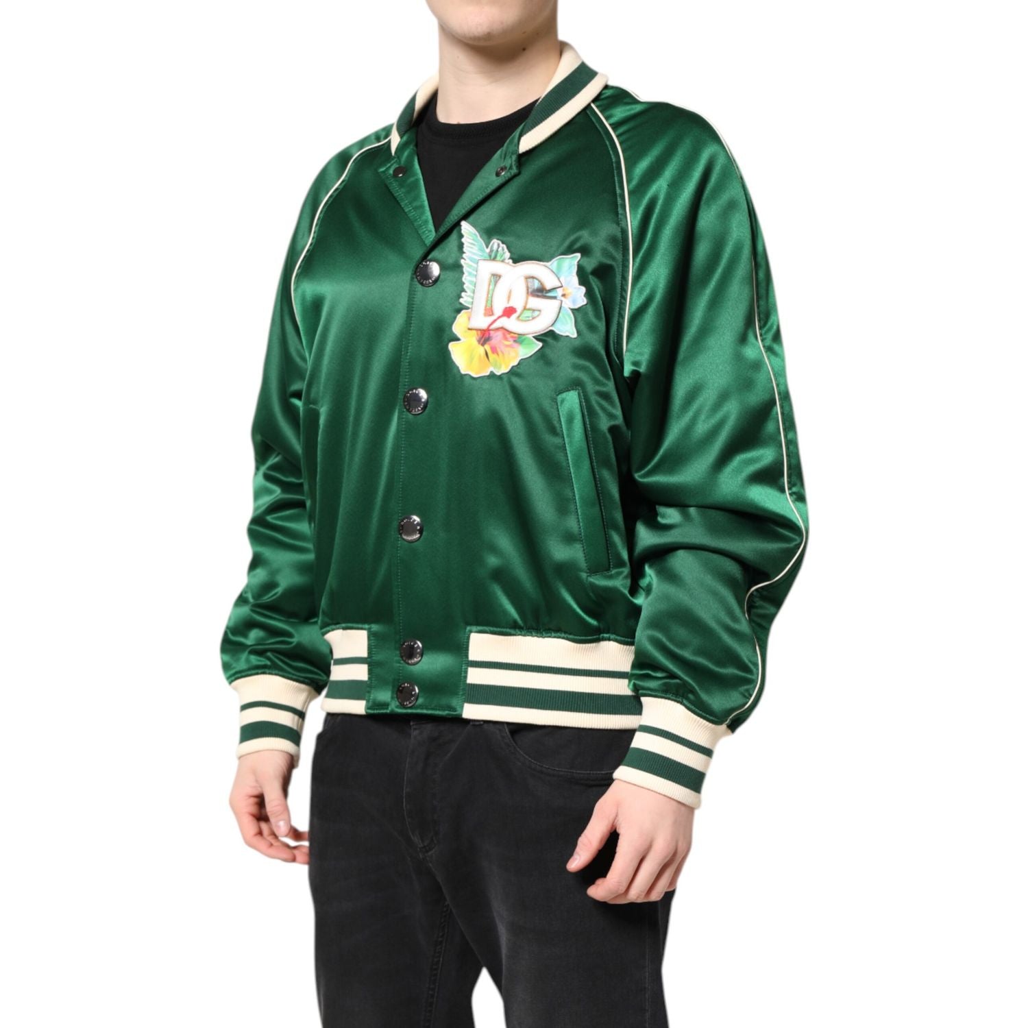 Dolce & Gabbana Green Floral DG Logo Full Zip Bomber Jacket