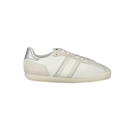 Tommy Hilfiger White Polyester Women Sneaker with bold logo and recycled material, showcasing eco-conscious sporty style.