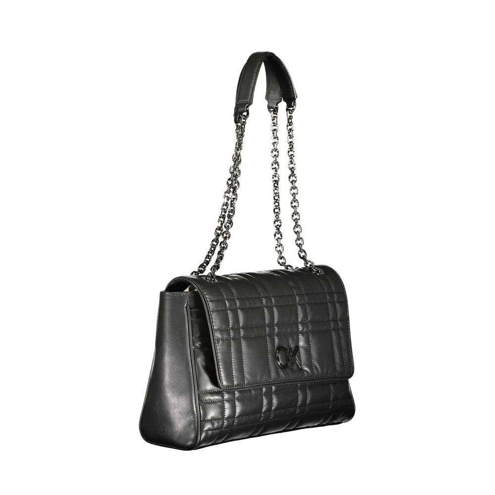 Calvin Klein Black Polyester Women Handbag with chain handles and turnbuckle closure for a chic, eco-conscious fashion statement.