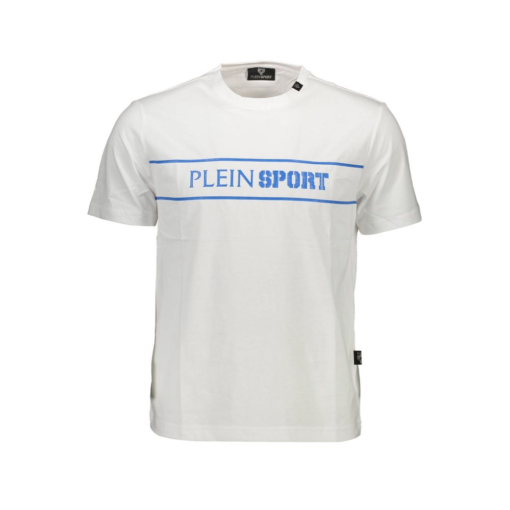Plein Sport White Cotton Men T-Shirt with logo and contrasting print, short sleeves, edgy design for bold fashion statements.