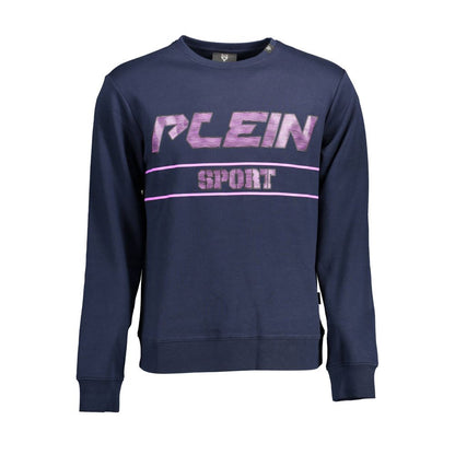 Plein Sport Blue Cotton Men Sweater featuring bold graphic print and contrasting details, perfect for a stylish urban look.