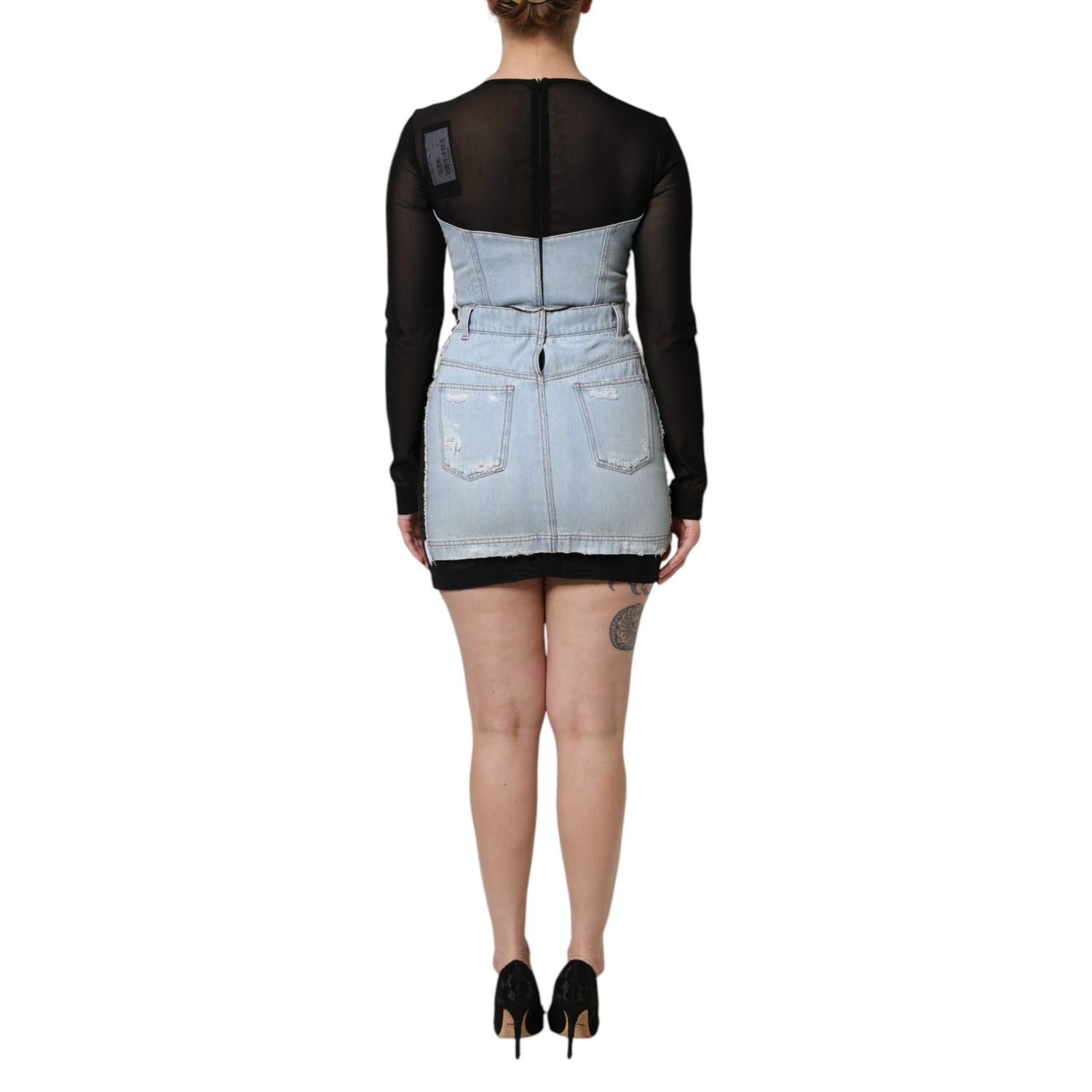 Dolce & Gabbana Black Blue Long Sleeves Denim Mini Dress