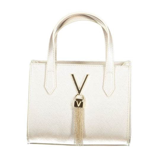 White handbag with gold "V" detail and tassel, featuring two handles. Ideal accessory for elegant women. Stylish and chic design.