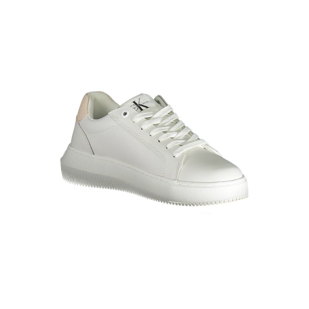 Calvin Klein White Polyester Women Sneaker with lace-up design, crafted from recycled materials, featuring iconic CK logo on side.