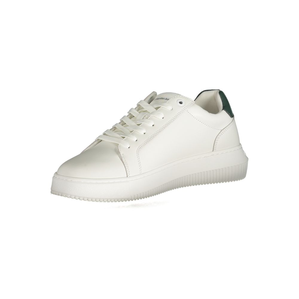 Calvin Klein White Polyester Sneaker with laces, featuring contrasting details, logo, and recycled thermoplastic rubber sole.