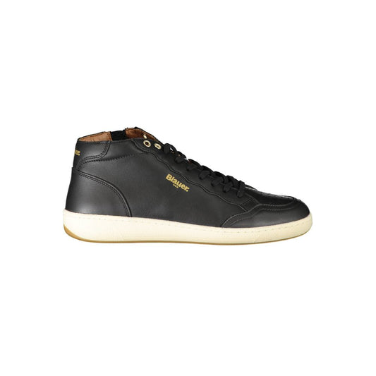 Alt Tag: Blauer Black Polyester Sneaker with laces and side zip, featuring logo print, high sports design.