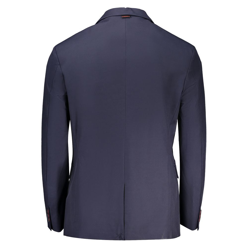 Back view of Guess Jeans Blue Cotton Men Jacket with long sleeves showcasing classic style and the iconic Guess logo.