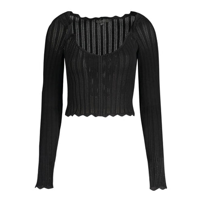 Guess Jeans Black Viscose Women Sweater with V-neck and long sleeves, featuring bold contrasting details and iconic logo for timeless style.